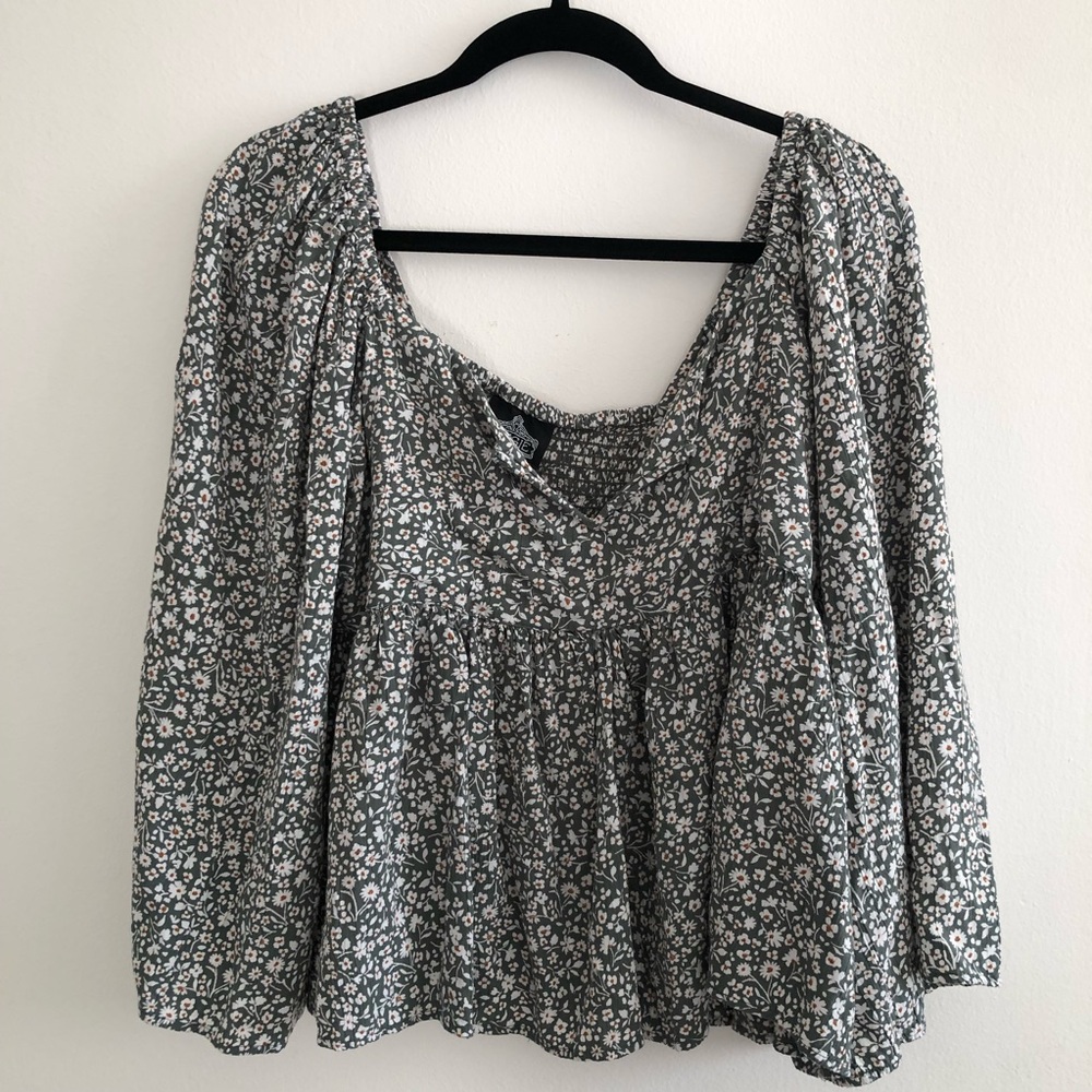 Angie Sage Green Floral Peasant Top, Bell Sleeve, Babydoll